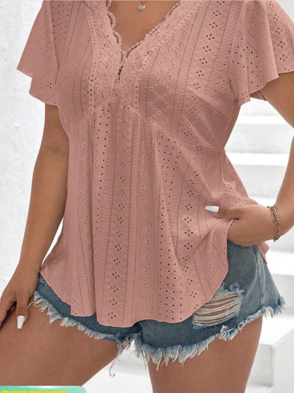 Women’s Eyelet Flutter Sleeve Top in Dusty Rose